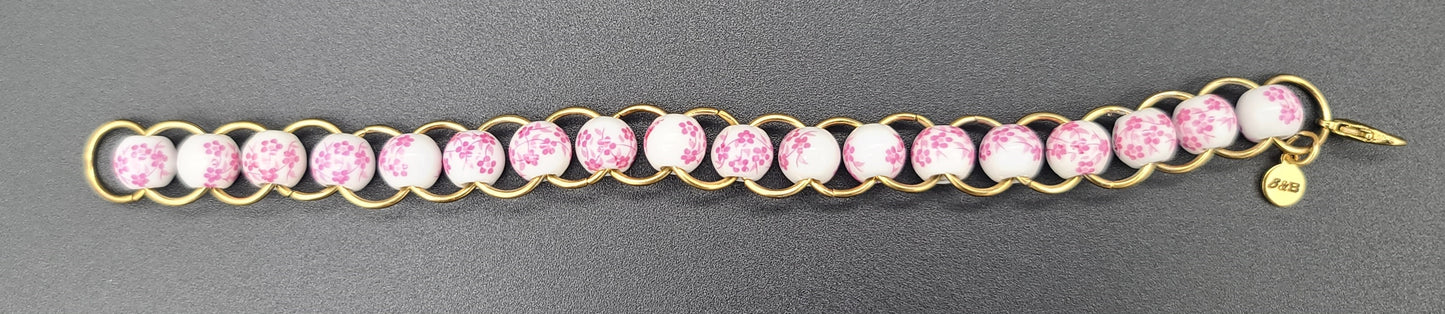 Pink Floral Porcelain & Gold Ring Bracelet 7.5"