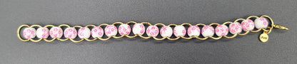 Pink Floral Porcelain & Gold Ring Bracelet 7.5"