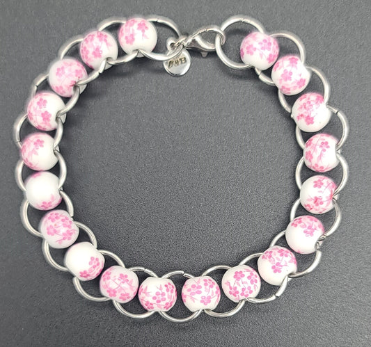 Pink Floral Porcelain & Silver Ring Bracelet 7.5"