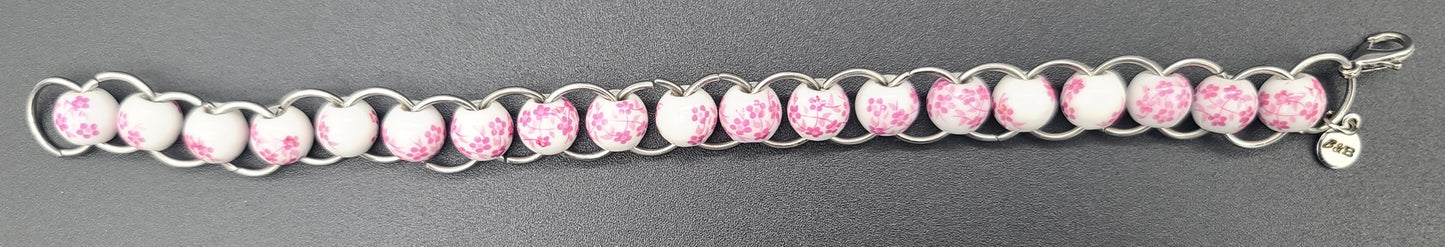 Pink Floral Porcelain & Silver Ring Bracelet 7.5"