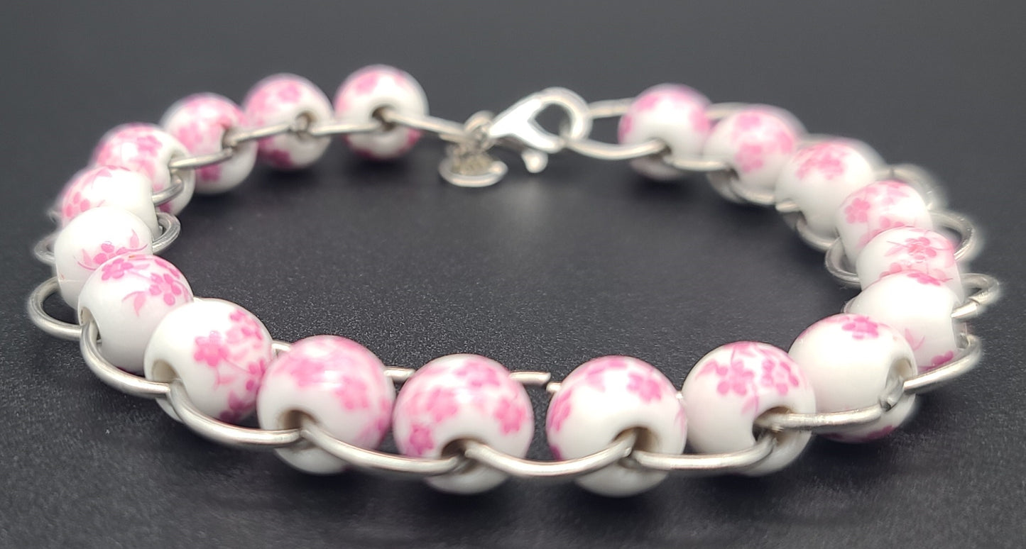 Pink Floral Porcelain & Silver Ring Bracelet 7.5"
