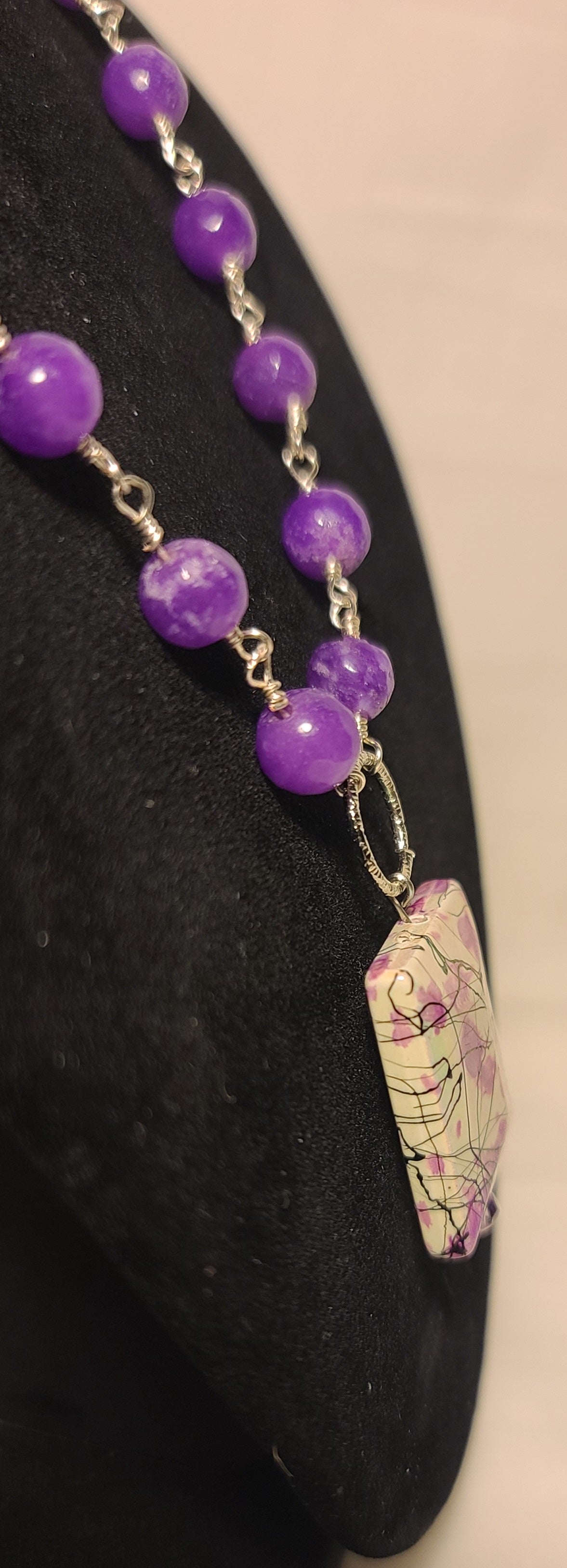 Purple Beaded 18 Inch Necklace with Abstract Purple & White Square Pendant
