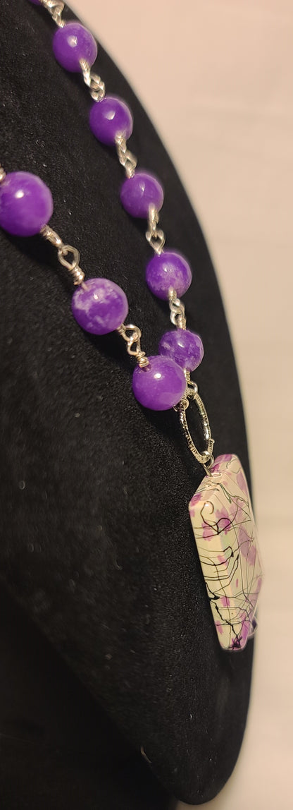 Purple Beaded 18 Inch Necklace with Abstract Purple & White Square Pendant