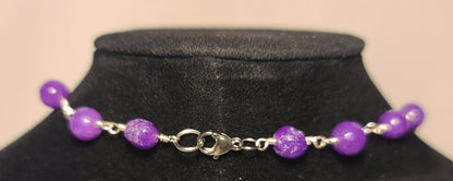 Purple Beaded 18 Inch Necklace with Abstract Purple & White Square Pendant