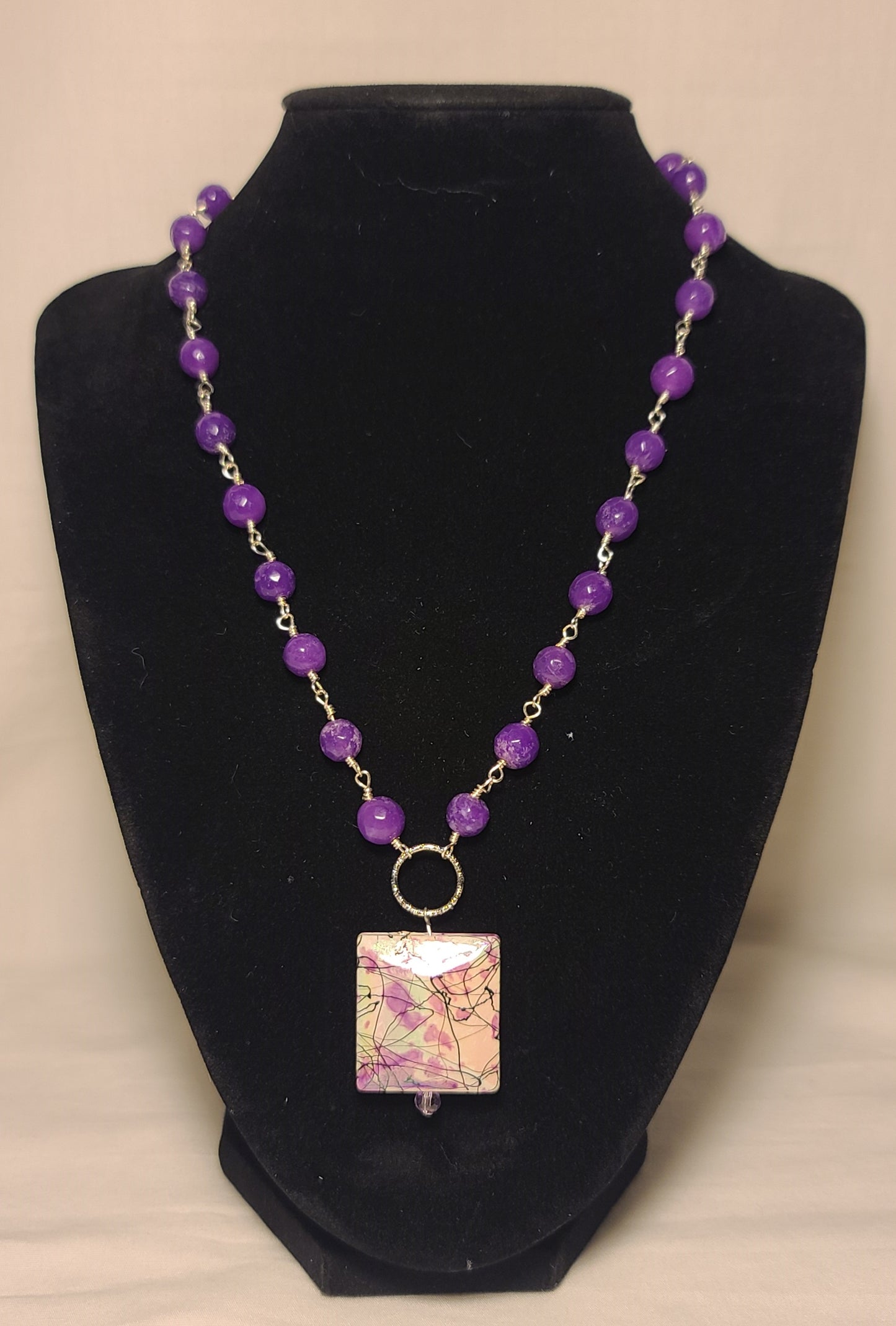Purple Beaded 18 Inch Necklace with Abstract Purple & White Square Pendant