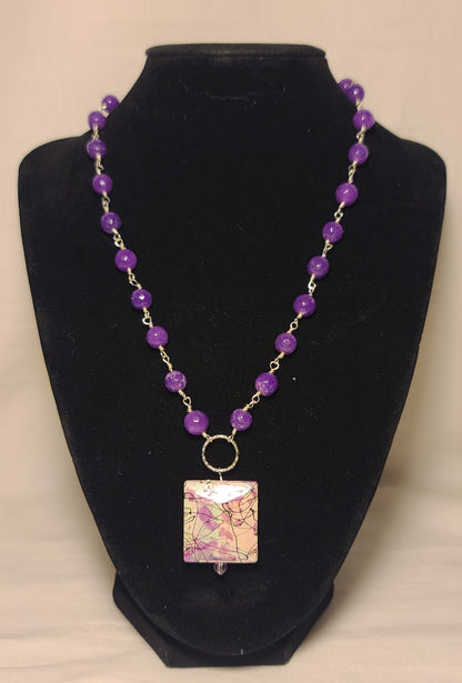 Purple Beaded 18 Inch Necklace with Abstract Purple & White Square Pendant