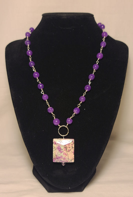Purple Beaded 18 Inch Necklace with Abstract Purple & White Square Pendant