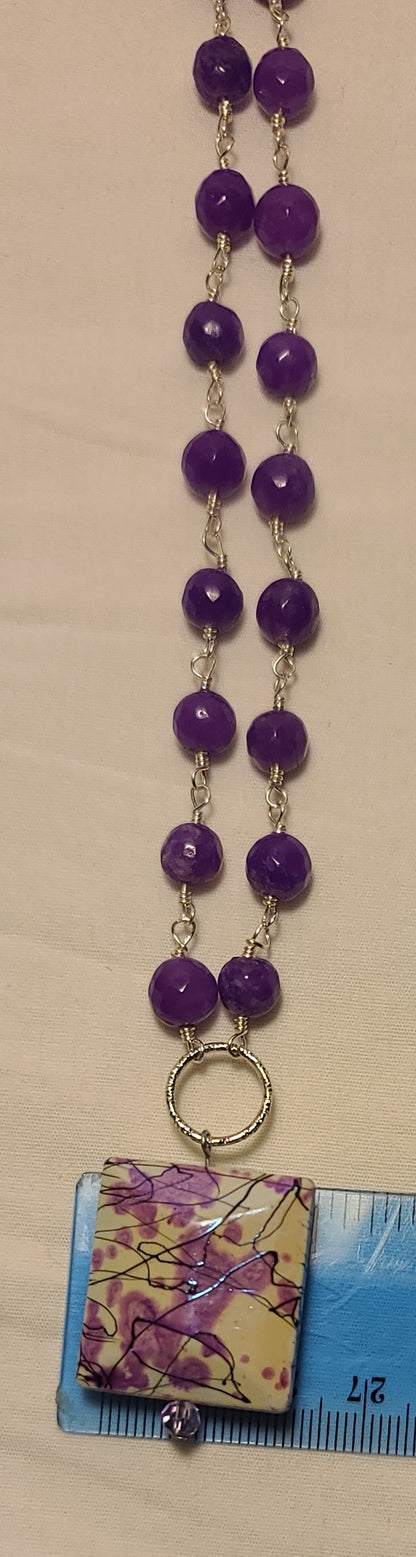 Purple Beaded 18 Inch Necklace with Abstract Purple & White Square Pendant