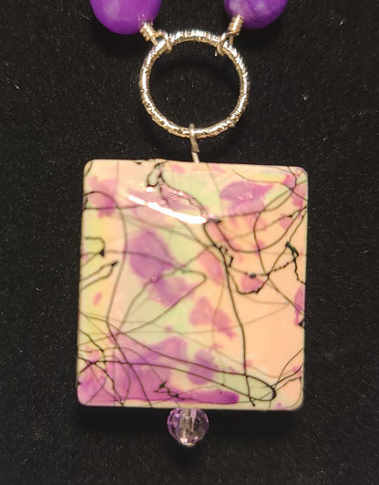 Purple Beaded 18 Inch Necklace with Abstract Purple & White Square Pendant