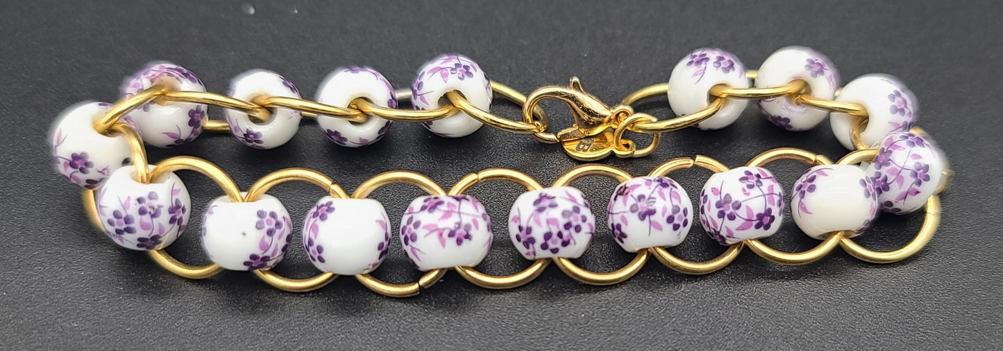Purple Floral Porcelain & Gold Ring Bracelet 7.75"