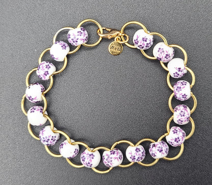 Purple Floral Porcelain & Gold Ring Bracelet 7.75"