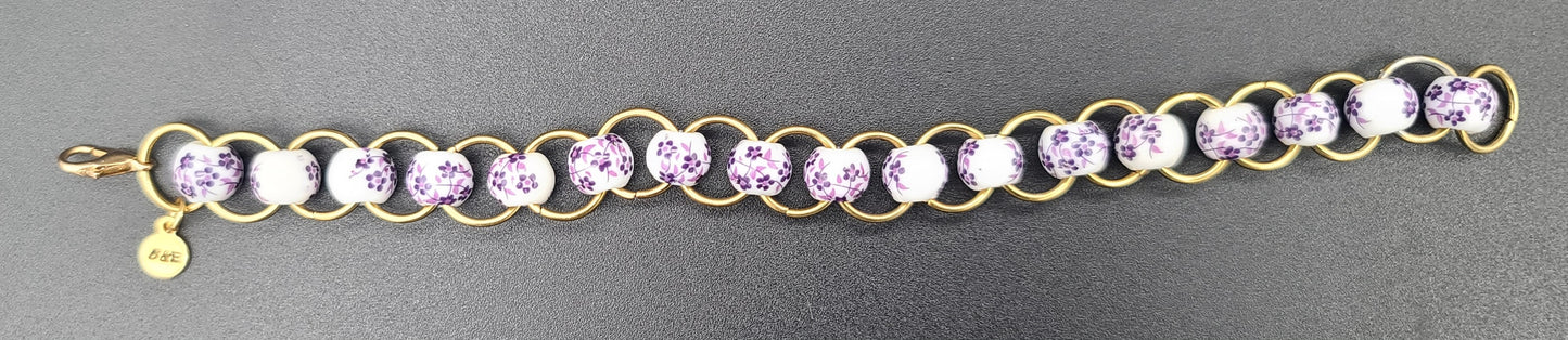Purple Floral Porcelain & Gold Ring Bracelet 7.75"