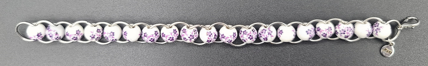 Purple Floral Porcelain & Silver Ring Bracelet 7.5"