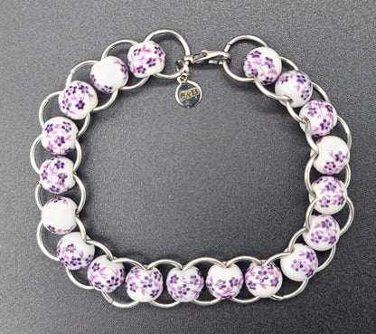 Purple Floral Porcelain & Silver Ring Bracelet 7.5"