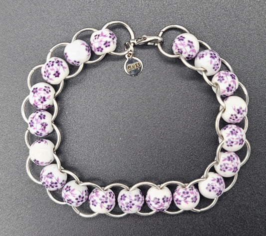 Purple Floral Porcelain & Silver Ring Bracelet 7.5"