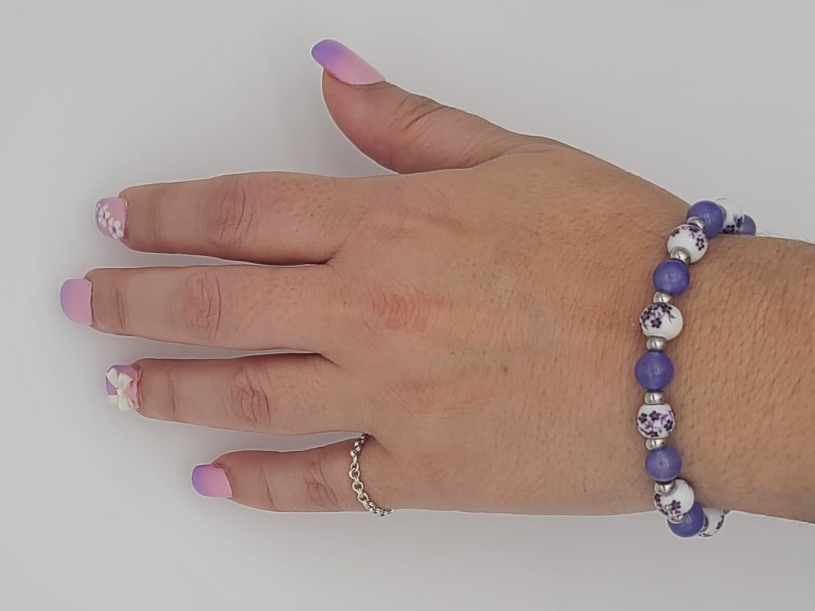 Purple Jade & Porcelain Purple Floral Stainless Steel Jewelry Set (Necklace, Bracelet, Earrings)