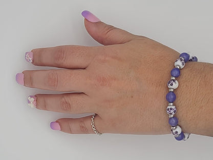 Purple Jade & Porcelain Purple Floral Stainless Steel Jewelry Set (Necklace, Bracelet, Earrings)
