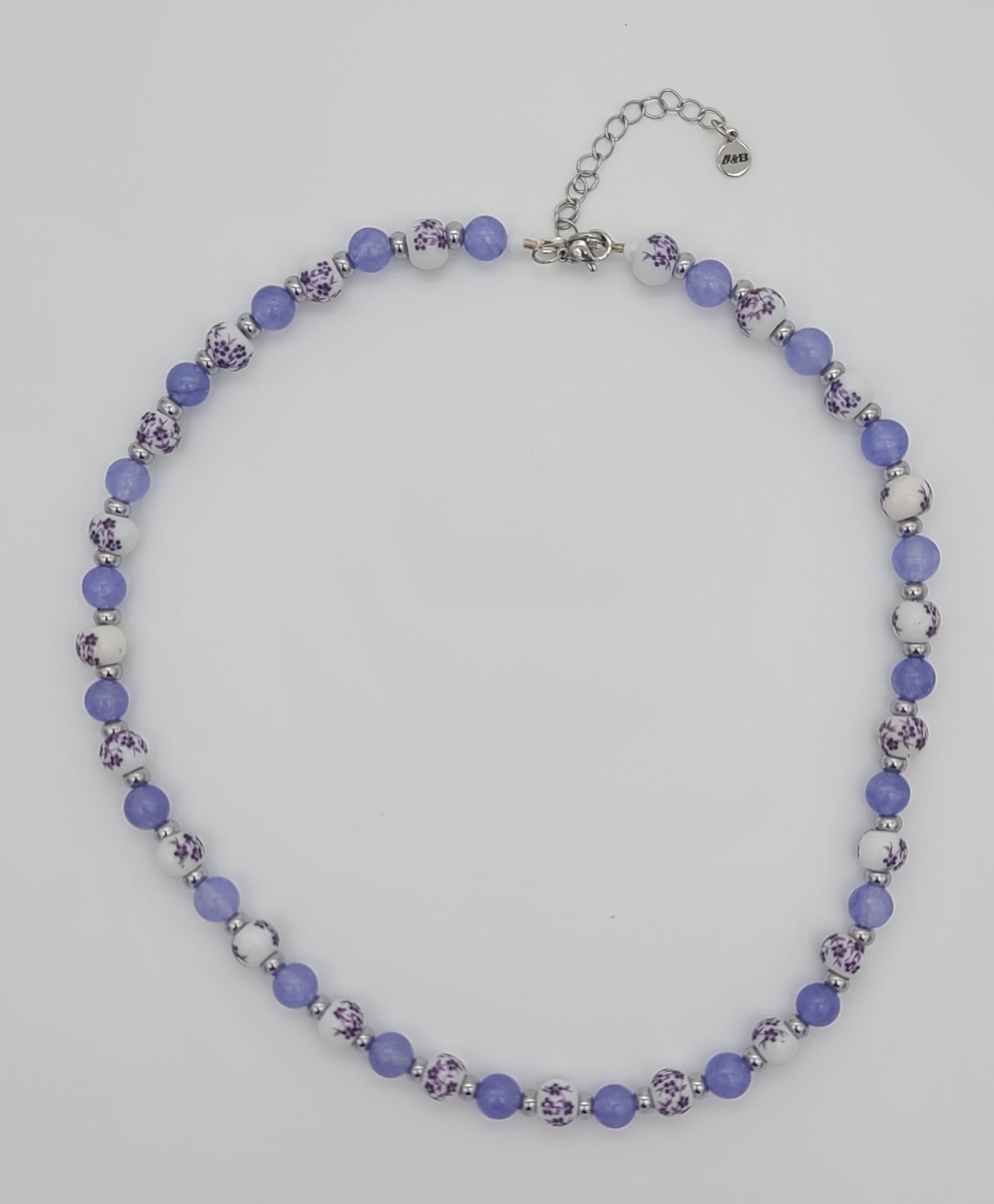 Purple Jade & Porcelain Purple Floral Stainless Steel Jewelry Set (Necklace, Bracelet, Earrings)