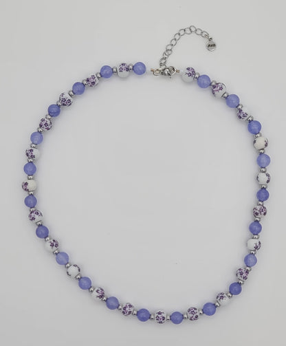 Purple Jade & Porcelain Purple Floral Stainless Steel Jewelry Set (Necklace, Bracelet, Earrings)