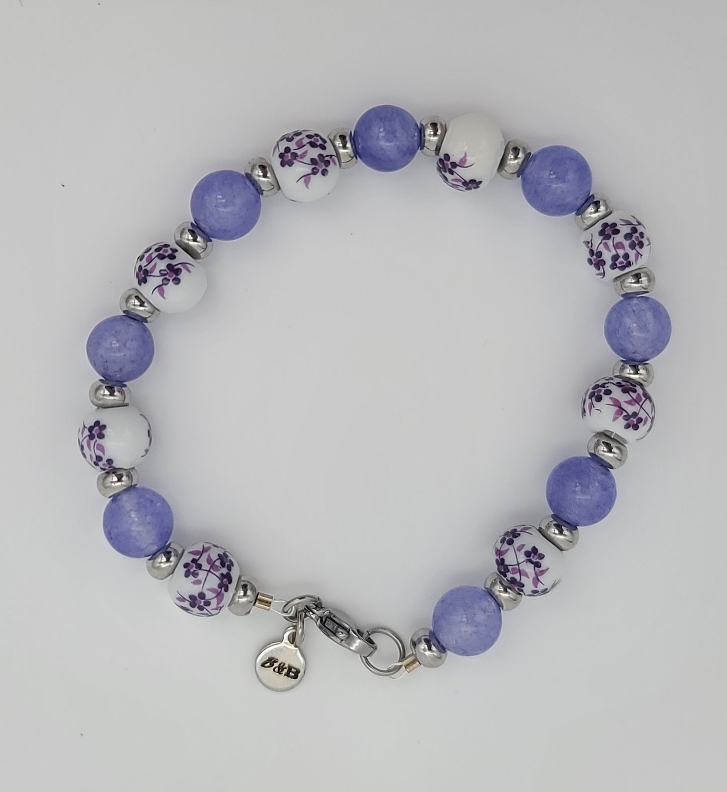 Purple Jade & Porcelain Purple Floral Stainless Steel Jewelry Set (Necklace, Bracelet, Earrings)