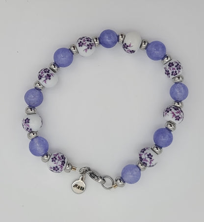 Purple Jade & Porcelain Purple Floral Stainless Steel Bracelet