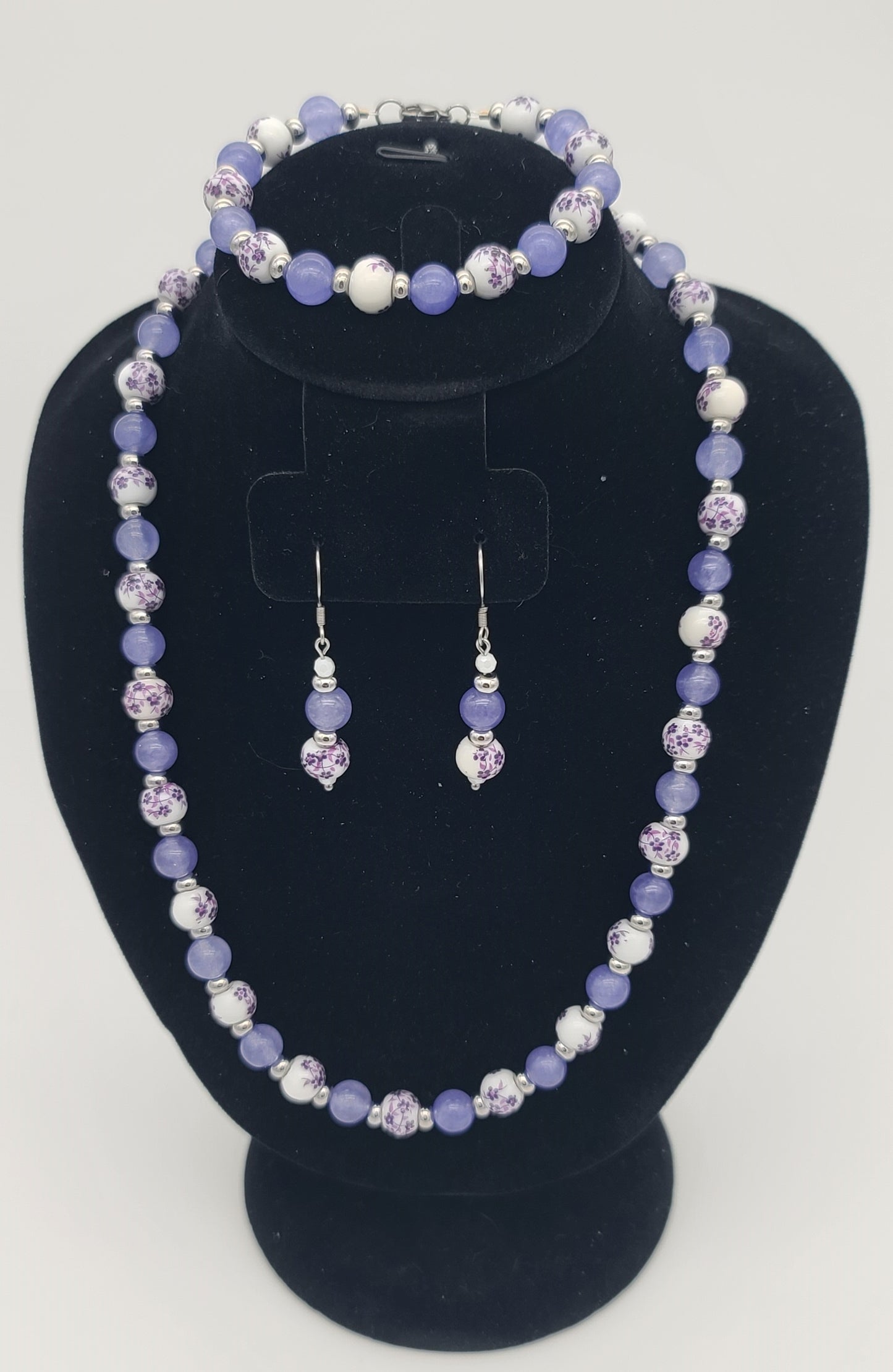 Purple Jade & Porcelain Purple Floral Stainless Steel Jewelry Set (Necklace, Bracelet, Earrings)