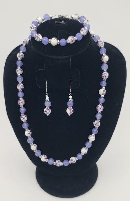 Purple Jade & Porcelain Purple Floral Stainless Steel Jewelry Set (Necklace, Bracelet, Earrings)