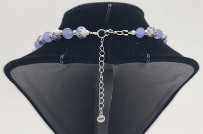 Purple Jade & Porcelain Purple Floral Stainless Steel Jewelry Set (Necklace, Bracelet, Earrings)