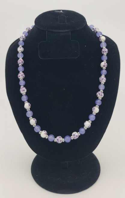 Purple Jade & Porcelain Purple Floral Stainless Steel Jewelry Set (Necklace, Bracelet, Earrings)