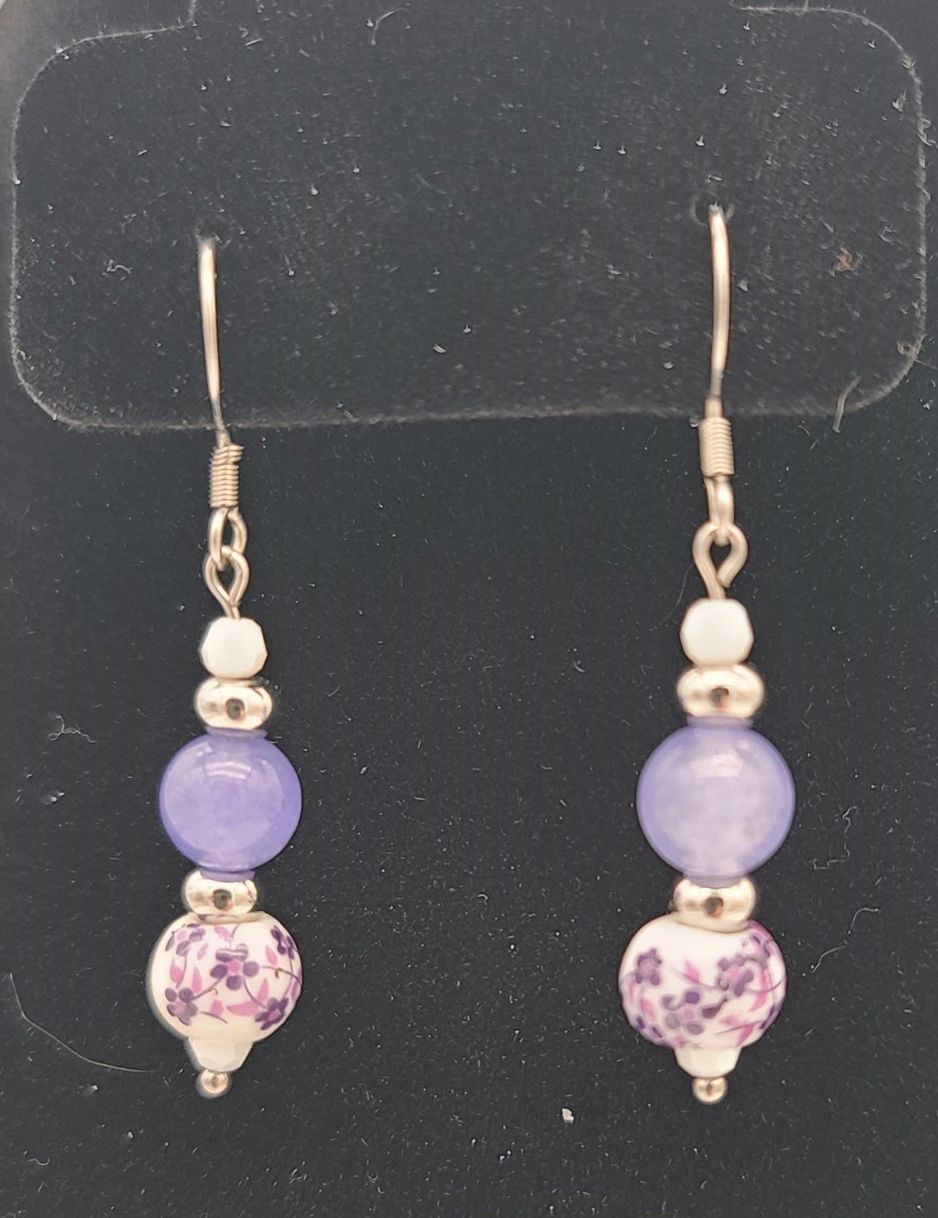 Purple Jade & Porcelain Purple Floral Stainless Steel Jewelry Set (Necklace, Bracelet, Earrings)