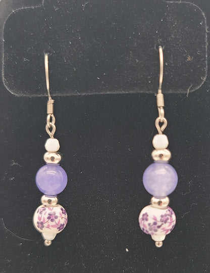 Purple Jade & Porcelain Purple Floral Stainless Steel Jewelry Set (Necklace, Bracelet, Earrings)