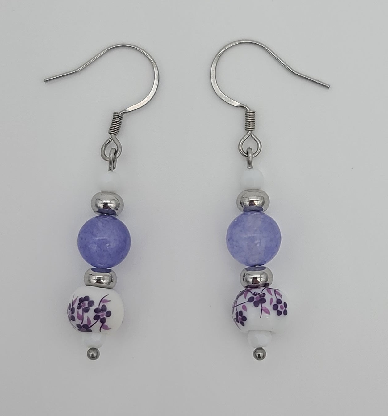 Purple Jade & Porcelain Purple Floral Stainless Steel Jewelry Set (Necklace, Bracelet, Earrings)