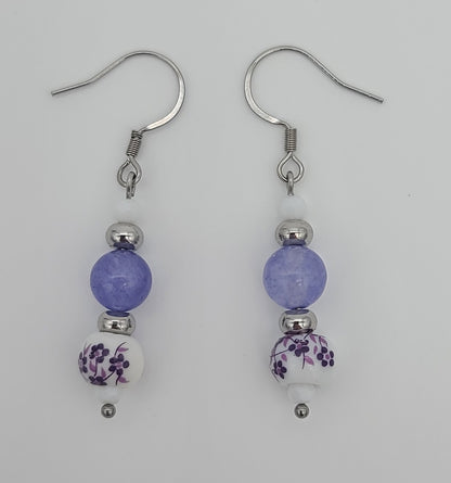 Purple Jade & Porcelain Purple Floral Stainless Steel Jewelry Set (Necklace, Bracelet, Earrings)