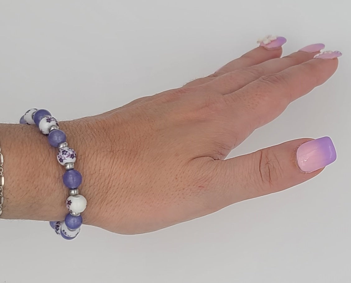 Purple Jade & Porcelain Purple Floral Stainless Steel Jewelry Set (Necklace, Bracelet, Earrings)