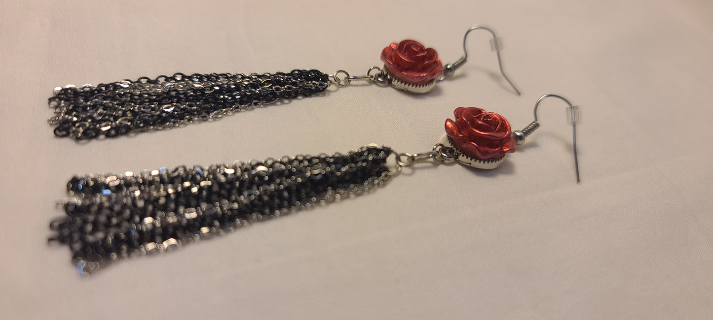 Red Flower with Stainless Steel Two-Tone Black & Silver Dangle Chain Earrings