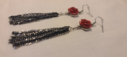 Red Flower with Stainless Steel Two-Tone Black & Silver Dangle Chain Earrings