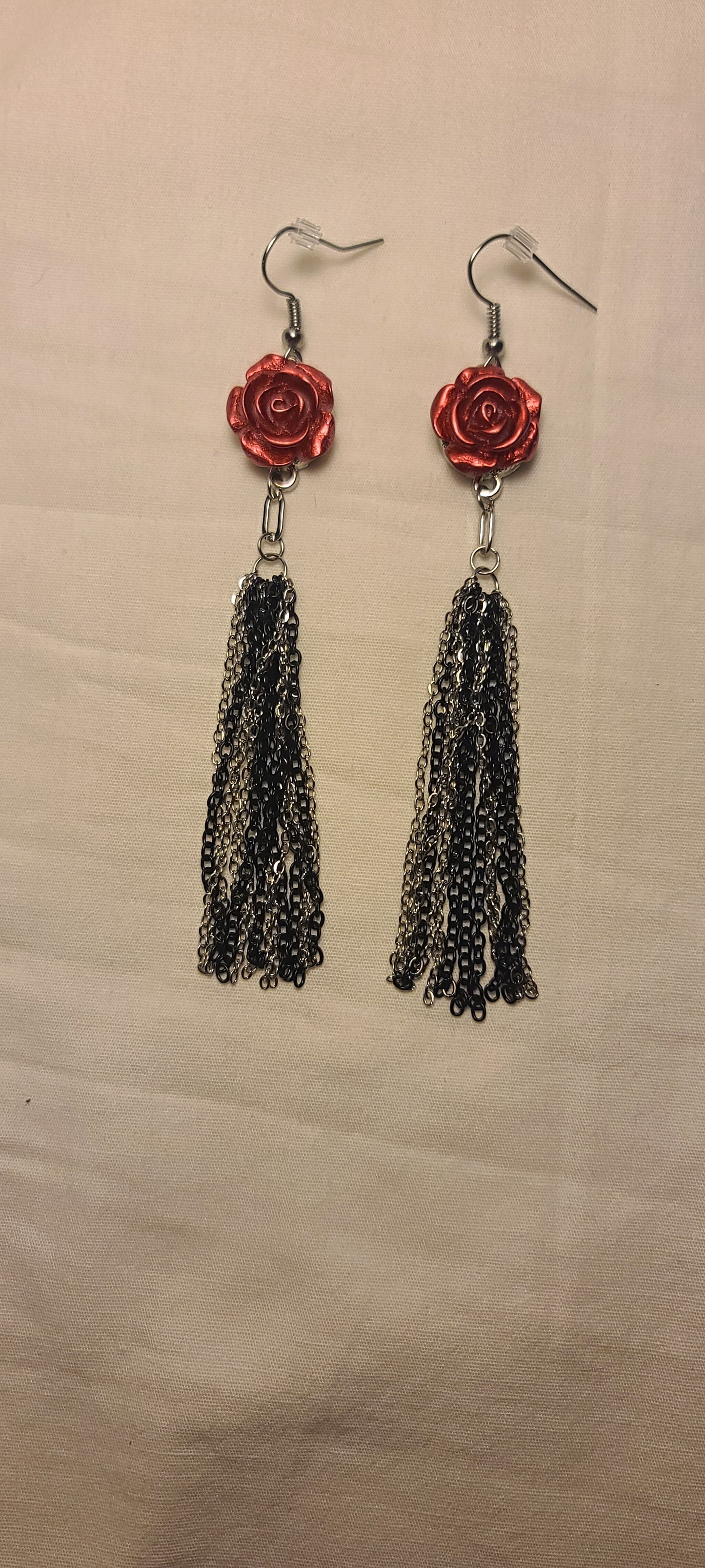 Red Flower with Stainless Steel Two-Tone Black & Silver Dangle Chain Earrings
