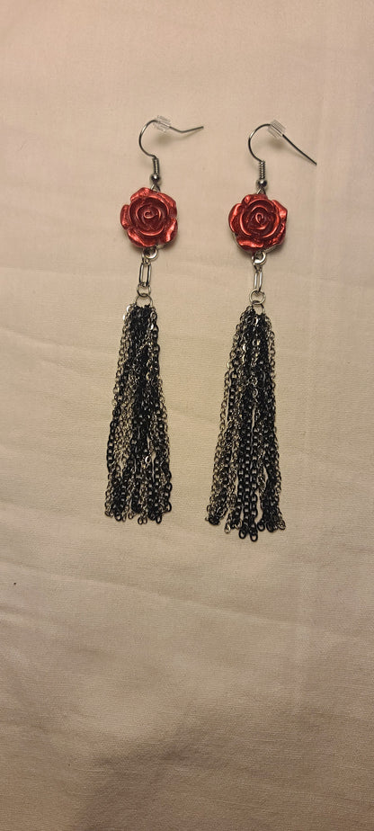 Red Flower with Stainless Steel Two-Tone Black & Silver Dangle Chain Earrings