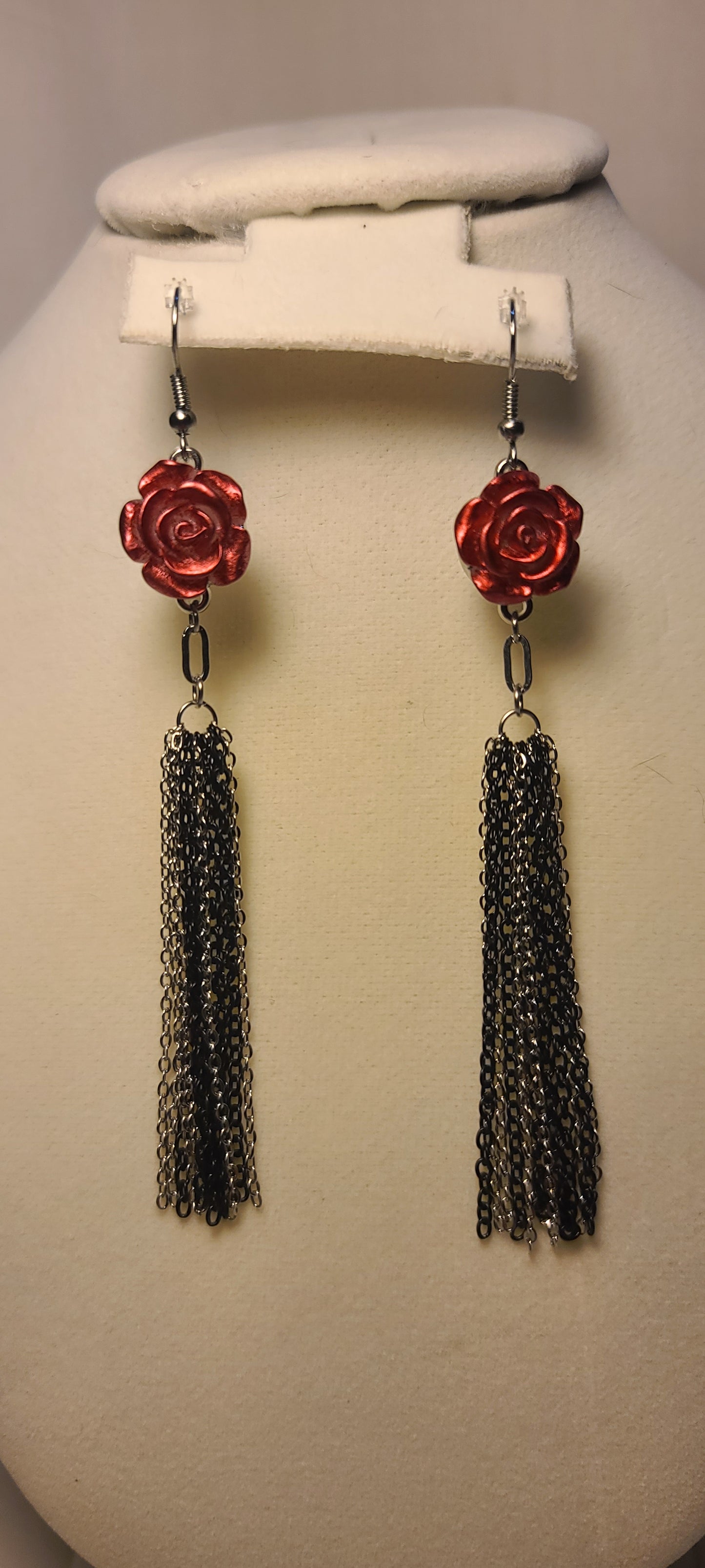 Red Flower with Stainless Steel Two-Tone Black & Silver Dangle Chain Earrings