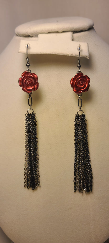 Red Flower with Stainless Steel Two-Tone Black & Silver Dangle Chain Earrings