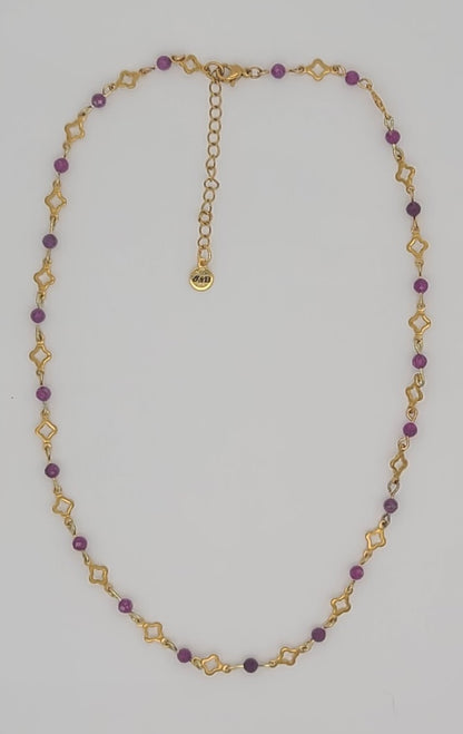 Red Ruby Radiance – Gold Stainless Steel Clover and Natural Ruby Bracelet, Earrings & Necklace Set