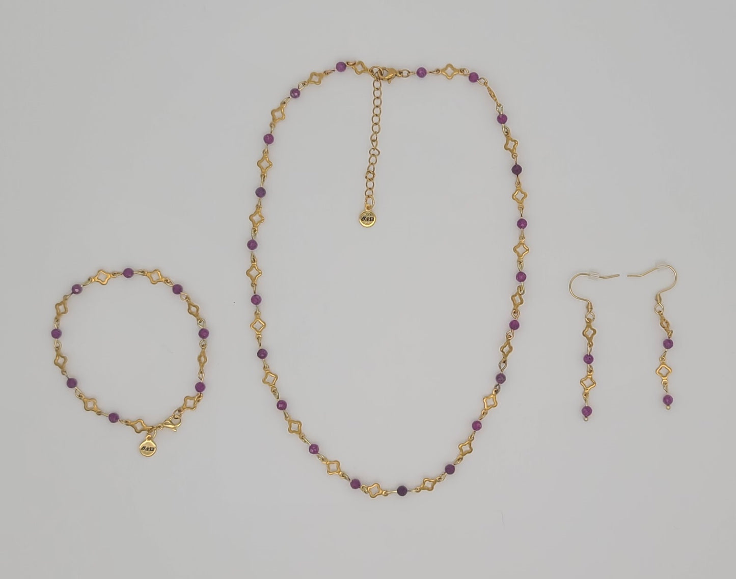 Red Ruby Radiance – Gold Stainless Steel Clover and Natural Ruby Bracelet, Earrings & Necklace Set