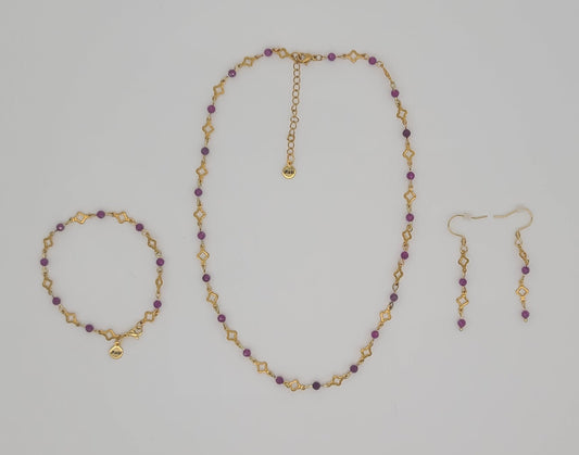 Red Ruby Radiance – Gold Stainless Steel Clover and Natural Ruby Bracelet, Earrings & Necklace Set