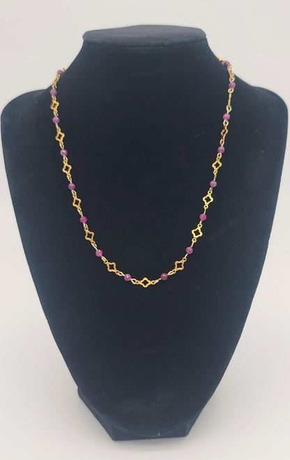 Red Ruby Radiance – Gold Stainless Steel Clover and Natural Ruby Bracelet, Earrings & Necklace Set