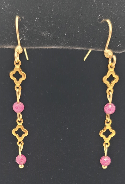 Red Ruby Radiance – Gold Stainless Steel Clover and Natural Ruby Earrings