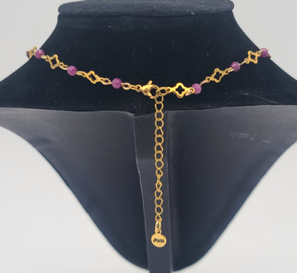 Red Ruby Radiance – Gold Stainless Steel Clover and Natural Ruby Bracelet, Earrings & Necklace Set