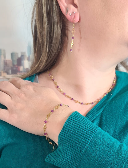 Red Ruby Radiance – Gold Stainless Steel Clover and Natural Ruby Bracelet, Earrings & Necklace Set