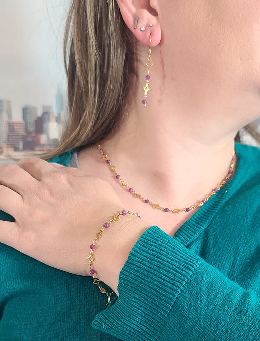 Red Ruby Radiance – Gold Stainless Steel Clover and Natural Ruby Bracelet, Earrings & Necklace Set