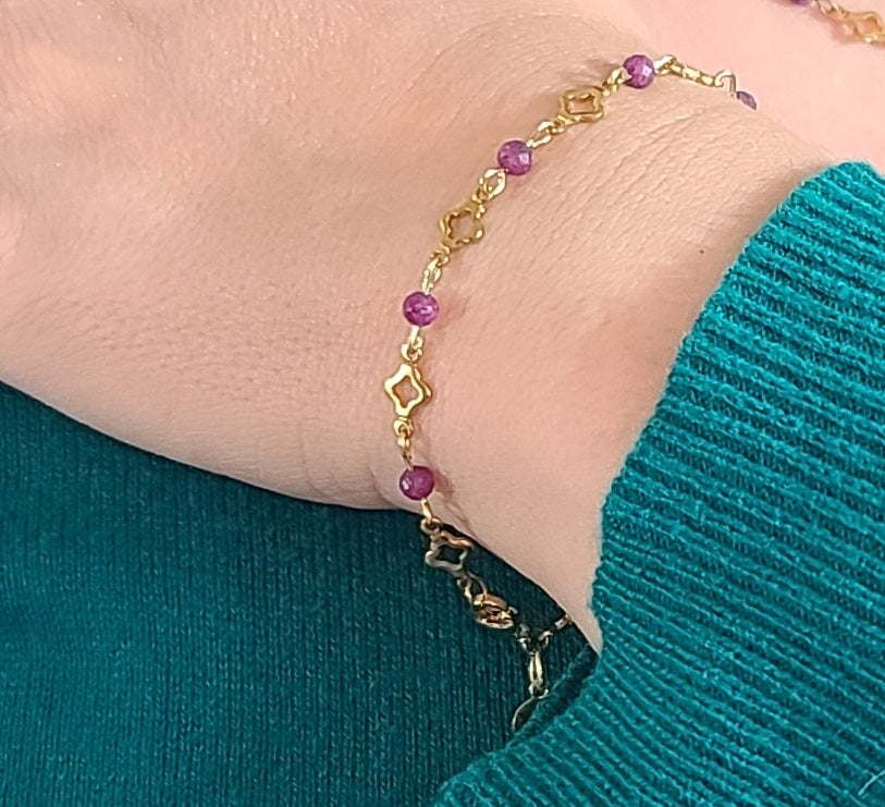 Red Ruby Radiance – Gold Stainless Steel Clover and Natural Ruby Bracelet, Earrings & Necklace Set