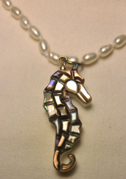 Lee Sands Abalone Seahorse Pendant with 19 Inch Pearl Necklace